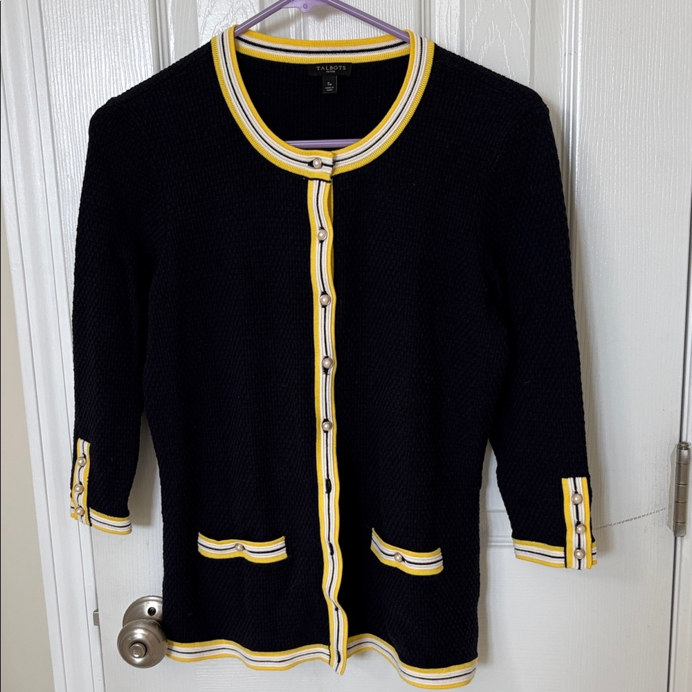 Talbots Navy and Yellow Trim Cardigan size SP